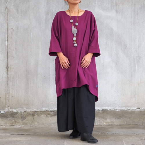 ふわっと起毛コットン、ポケット付きチュニックシャツ/ピーコック