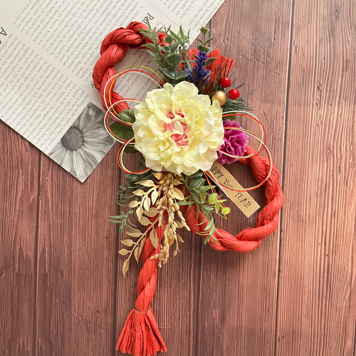 No.187 カラー八の字しめ縄リース2024 ハンドメイドお正月飾り玄関