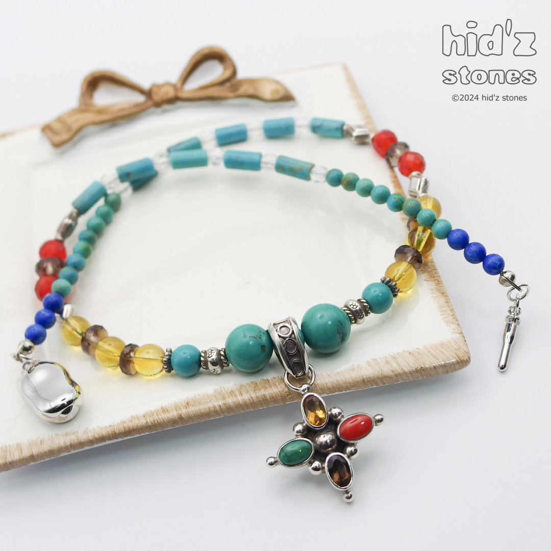 ◆一点もの天然石ネックレス:BeSC-001【ビーンズクラスプ】４色ストーン入りシルバー925クロストップ