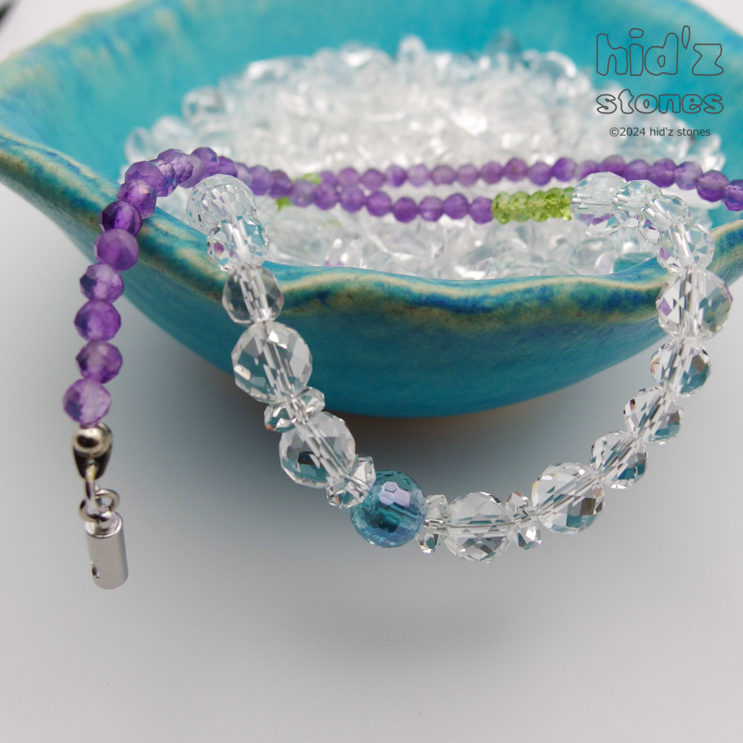 ◆一点もの天然石ネックレス:BySC-033【バヨネットクラスプ】アクアオーラ・アメジスト・ペリドット