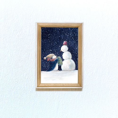 受注制作】雪の日の贈り物【ペンギンと雪だるま】 絵画 kuro 受注制作】雪の日の贈り物【ペンギンと雪だるま】 絵画 kuro
