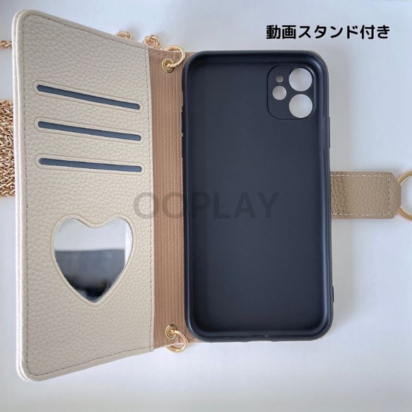 ♡牛革♡お洒落 IPHONE スマホショルダーケース 手帳型 ファスナーポケット付き ミラー付き カード収納 8枚目の画像