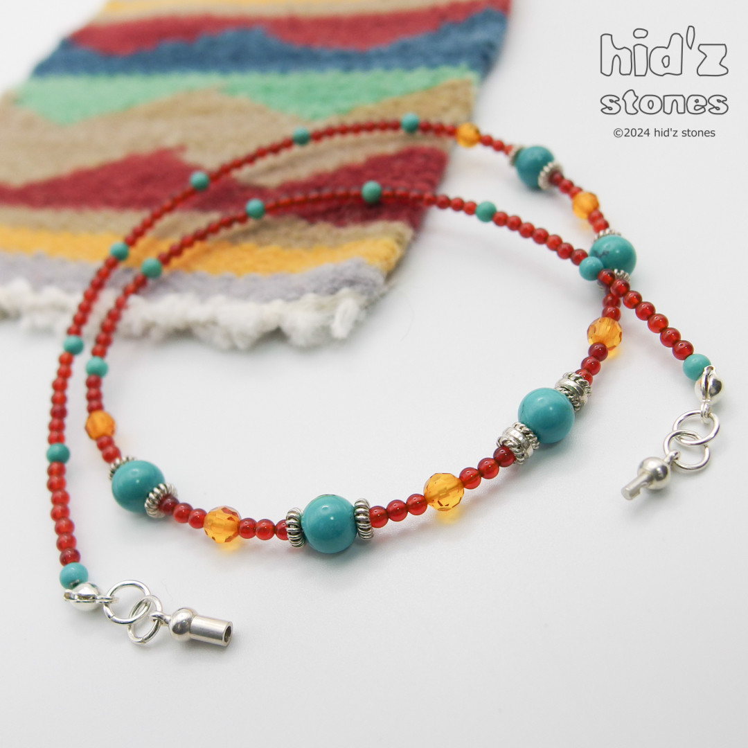 ◆一点もの天然石ネックレス:BySm-001【バヨネットクラスプ】ターコイズ・アンバー・レッドアゲート・SV925