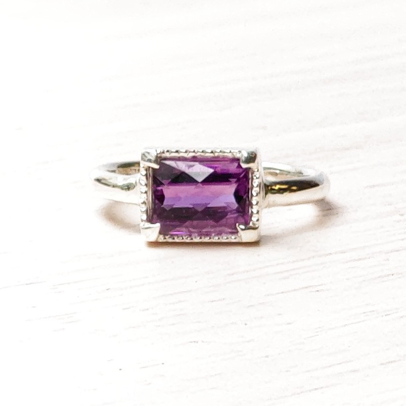アメシスト　チェックカット　オクタゴン　ミル×ツメ　シルバーSV925リング