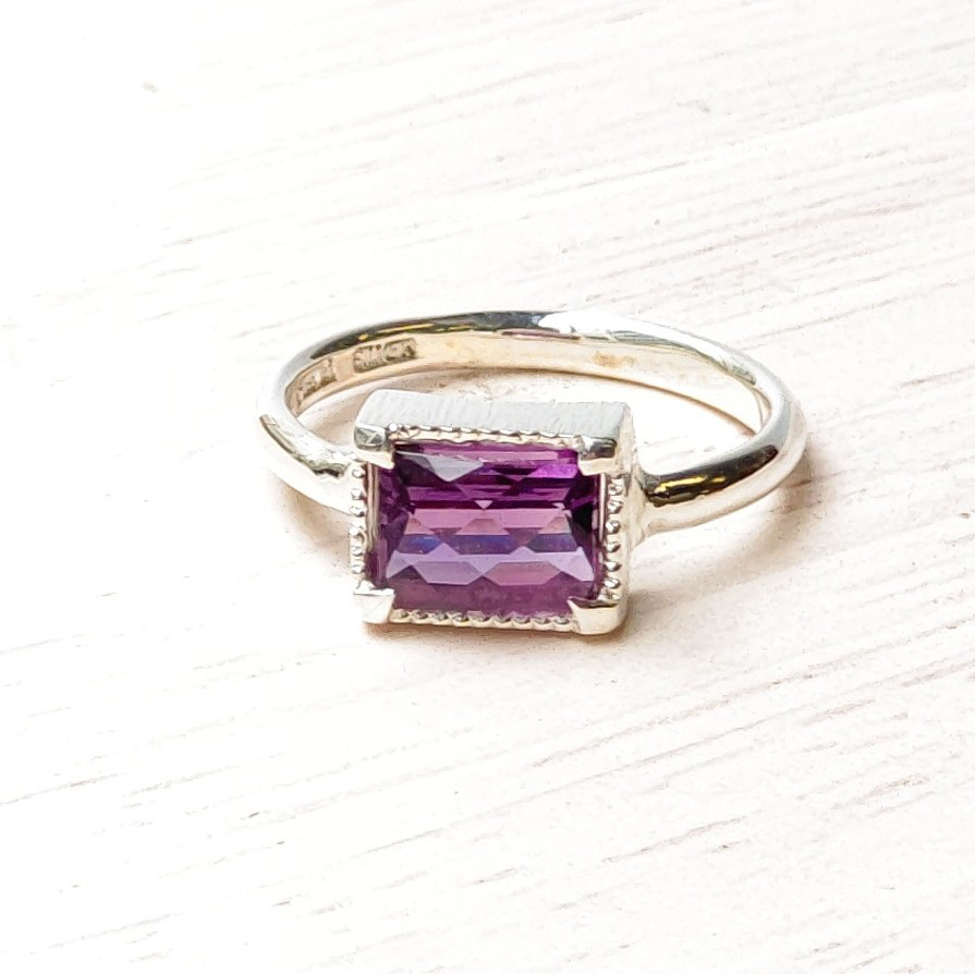 アメシスト　チェックカット　オクタゴン　ミル×ツメ　シルバーSV925リング