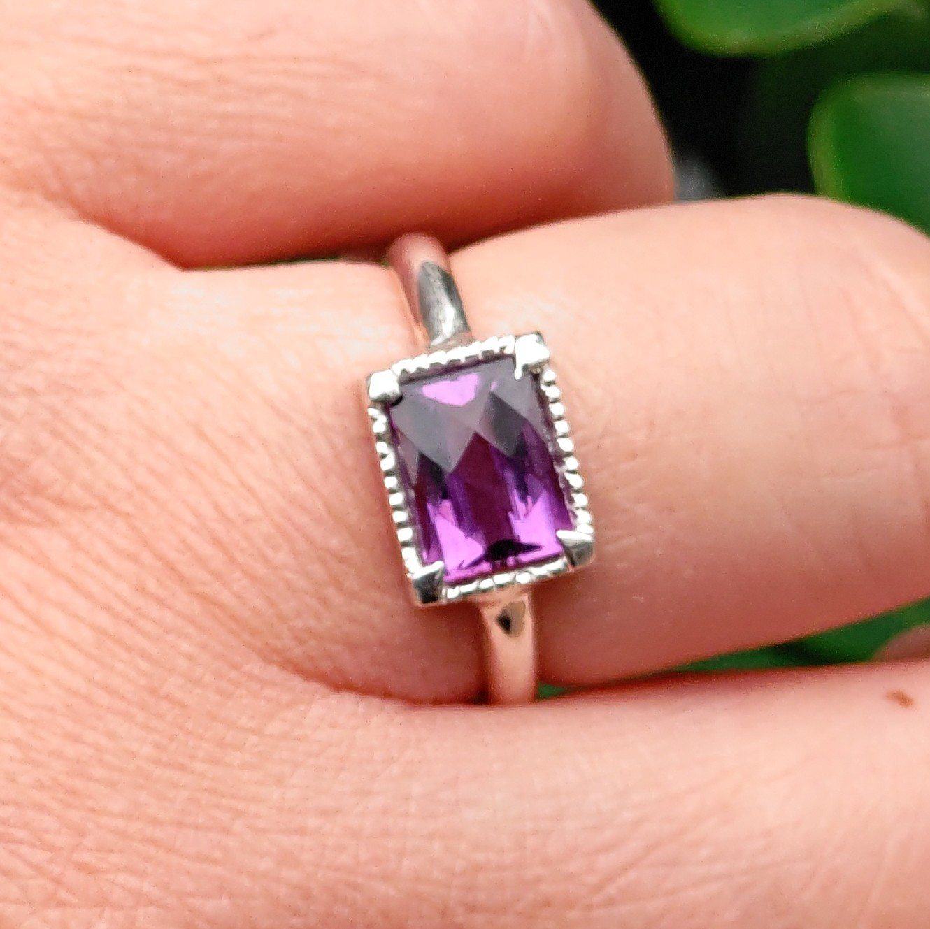 アメシスト　チェックカット　オクタゴン　ミル×ツメ　シルバーSV925リング