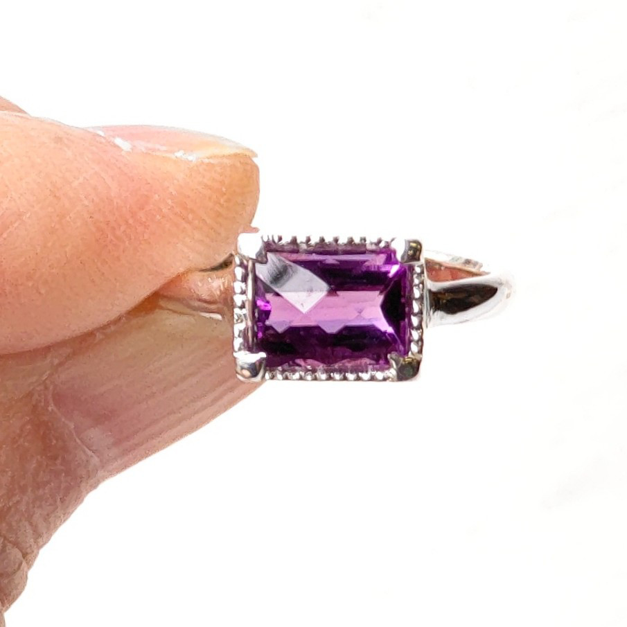 アメシスト　チェックカット　オクタゴン　ミル×ツメ　シルバーSV925リング