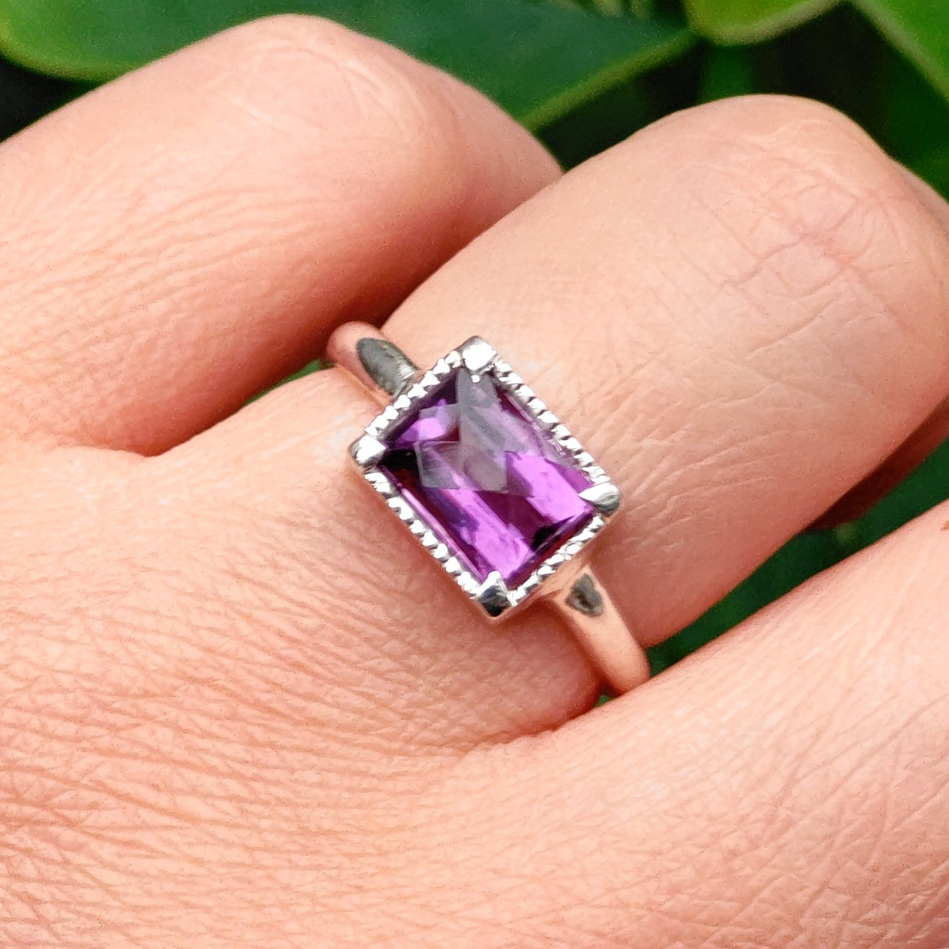 アメシスト　チェックカット　オクタゴン　ミル×ツメ　シルバーSV925リング