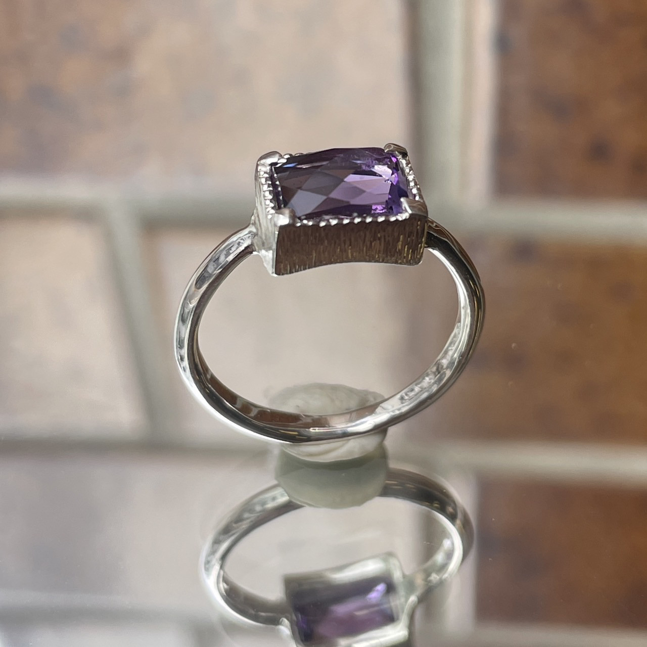 アメシスト　チェックカット　オクタゴン　ミル×ツメ　シルバーSV925リング