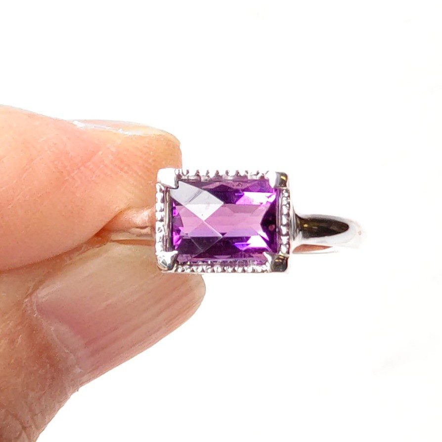 アメシスト　チェックカット　オクタゴン　ミル×ツメ　シルバーSV925リング
