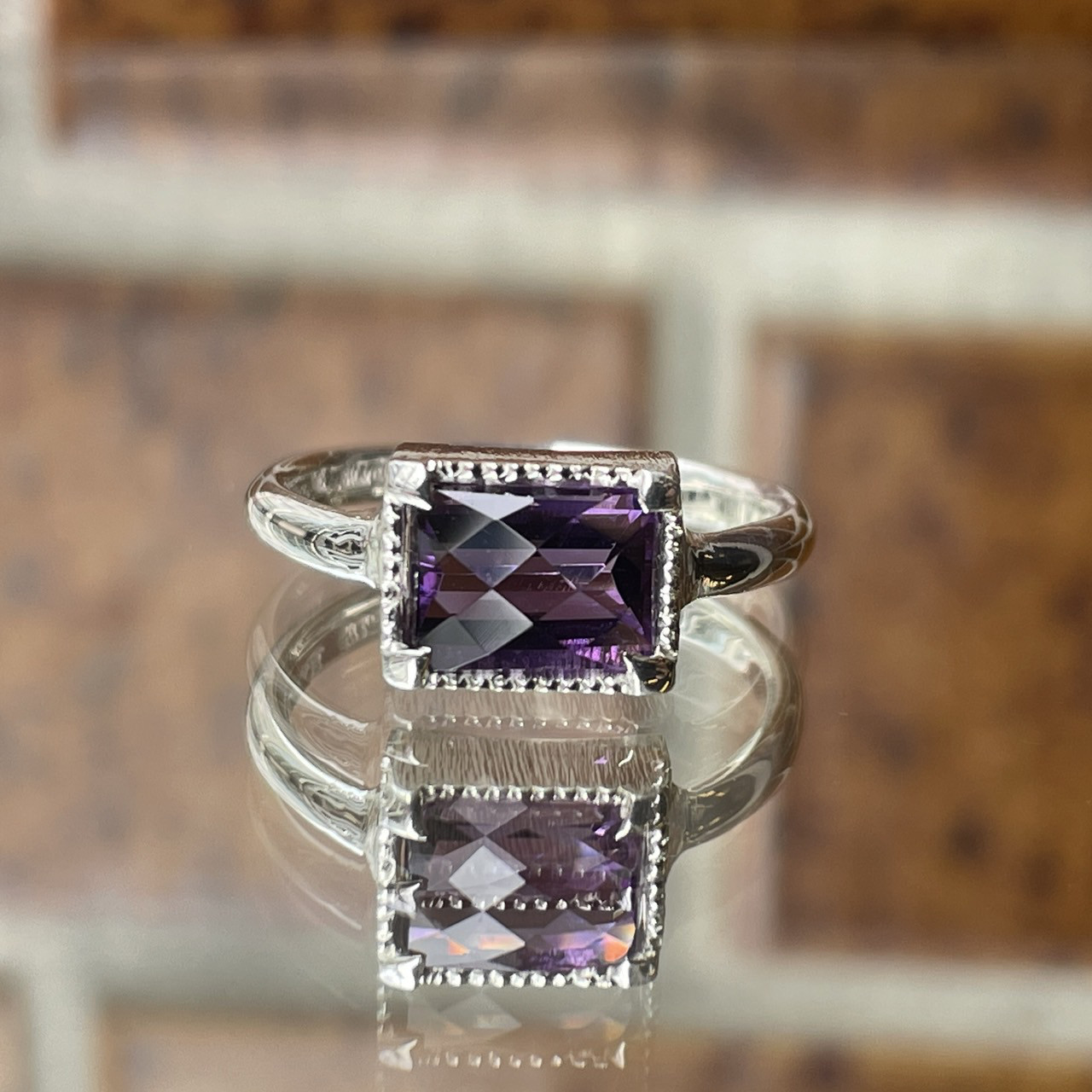 アメシスト　チェックカット　オクタゴン　ミル×ツメ　シルバーSV925リング