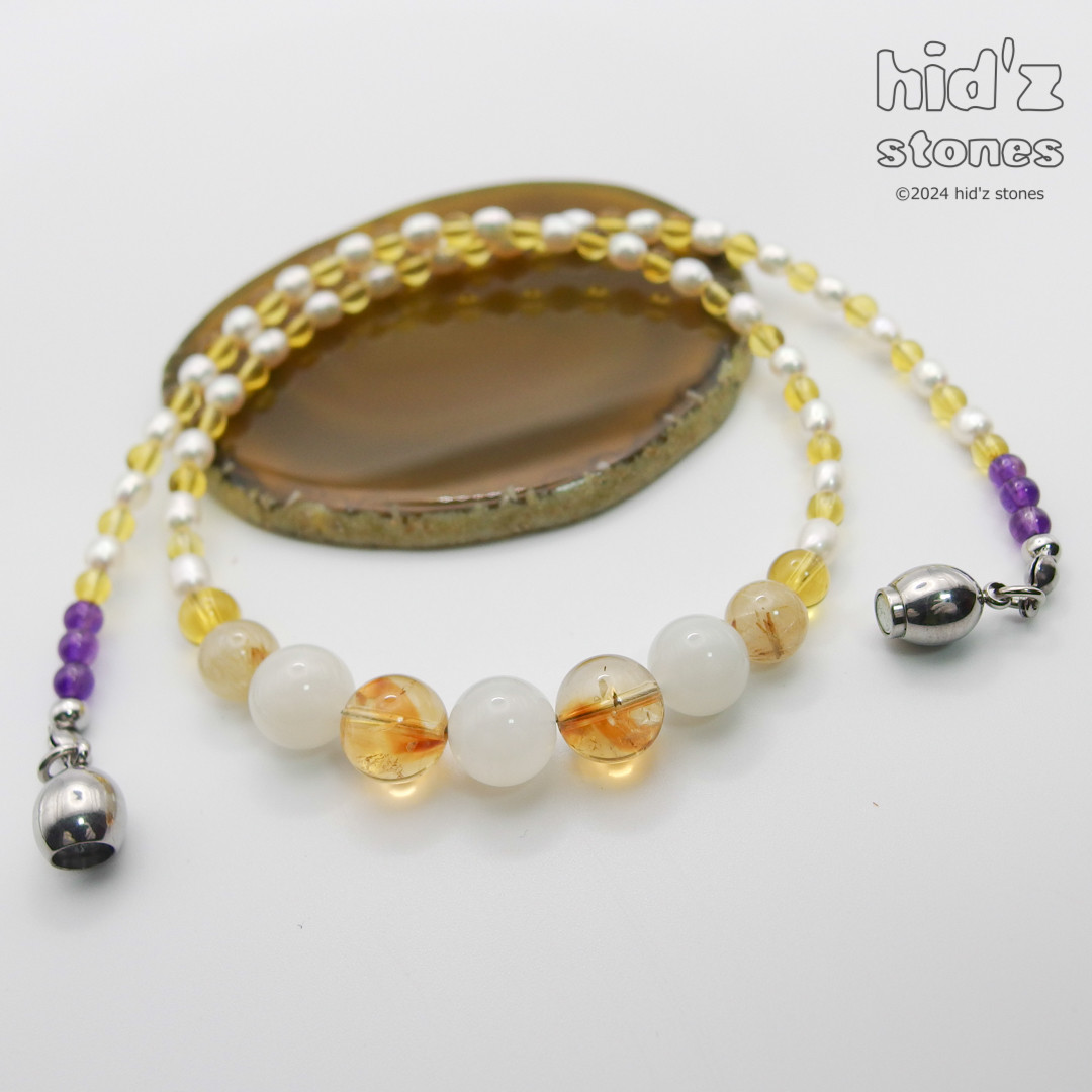 ◆一点もの天然石ネックレス:MSCL-002【マグネットクラスプ】ムーンストーン・シトリン・ルチルクォーツ・淡水パール