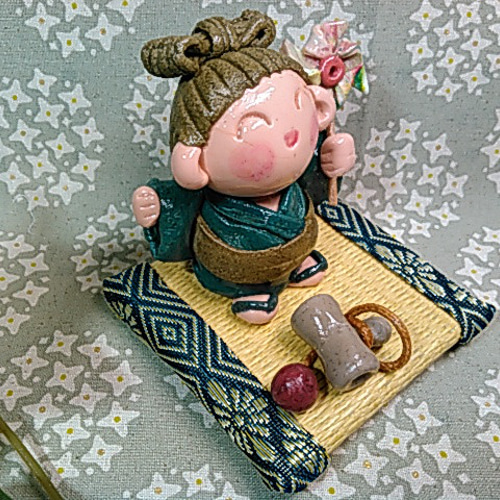 かわいい粘土人形 置物 粘土細工 ハンドメイド 童（わらべ）2個セット