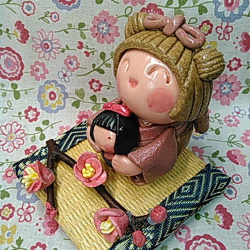 かわいい粘土人形 置物 粘土細工 ハンドメイド 童（わらべ）2個セット