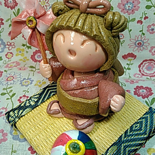 かわいい粘土人形 置物 粘土細工 ハンドメイド 童（わらべ）2個セット
