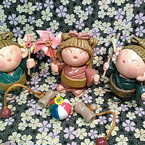 かわいい粘土人形 置物 粘土細工 ハンドメイド 童（わらべ）2個セット