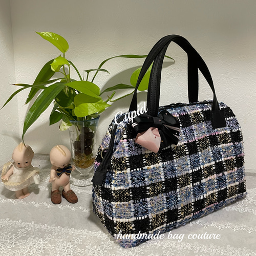 イタリア高級ツイード生地チェック柄を使ったカパッと開閉軽量2Way