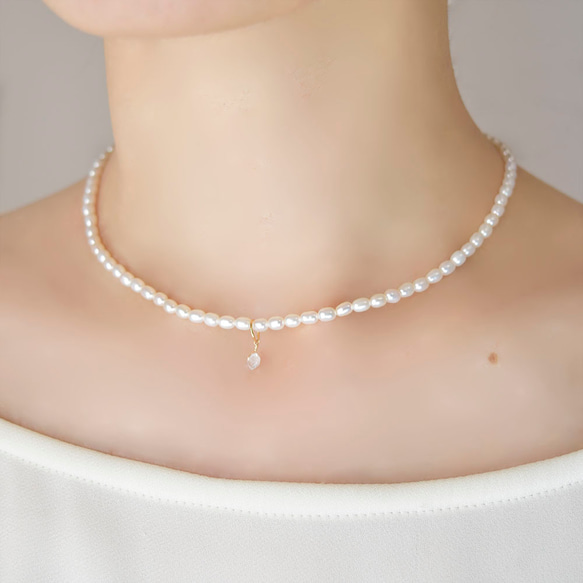 14kgf・チャーム付き淡水パールのチョーカー ネックレス・ペンダント