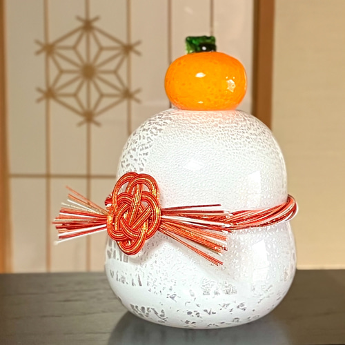 数量限定 豪華なガラスの鏡餅【銀散らし 大】水引たっぷり 桐箱付き