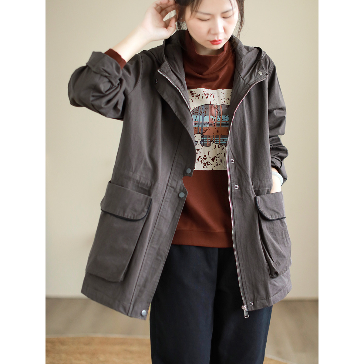 美品　タバサ　綿、麻　フーディー　スプリング　コート　ジャケット