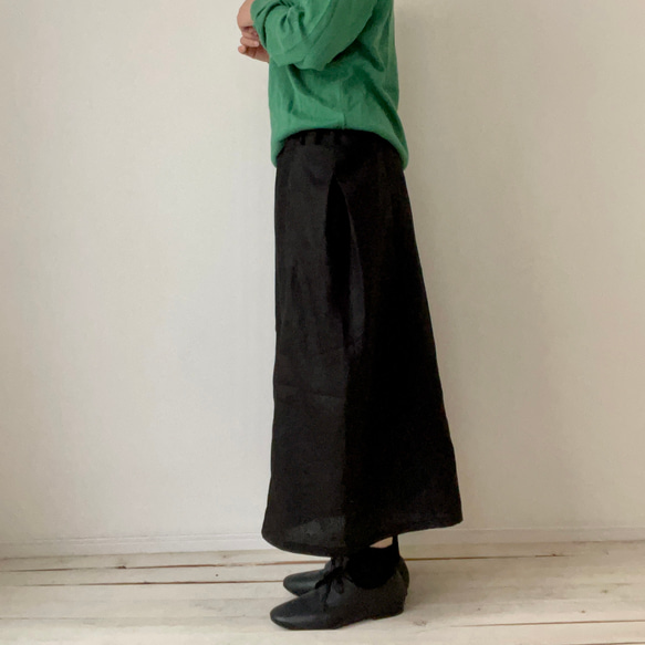 □新作ゆったりラフな服★麻ボックシーワイドパンツ　大きめサイドポケット付★ブラック　受注製作　ウエストゴム　丈調節可能　 4枚目の画像