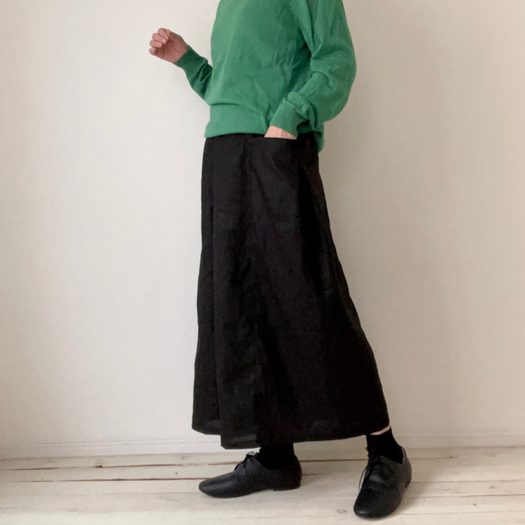 □新作ゆったりラフな服★麻ボックシーワイドパンツ　大きめサイドポケット付★ブラック　受注製作　ウエストゴム　丈調節可能　 1枚目の画像