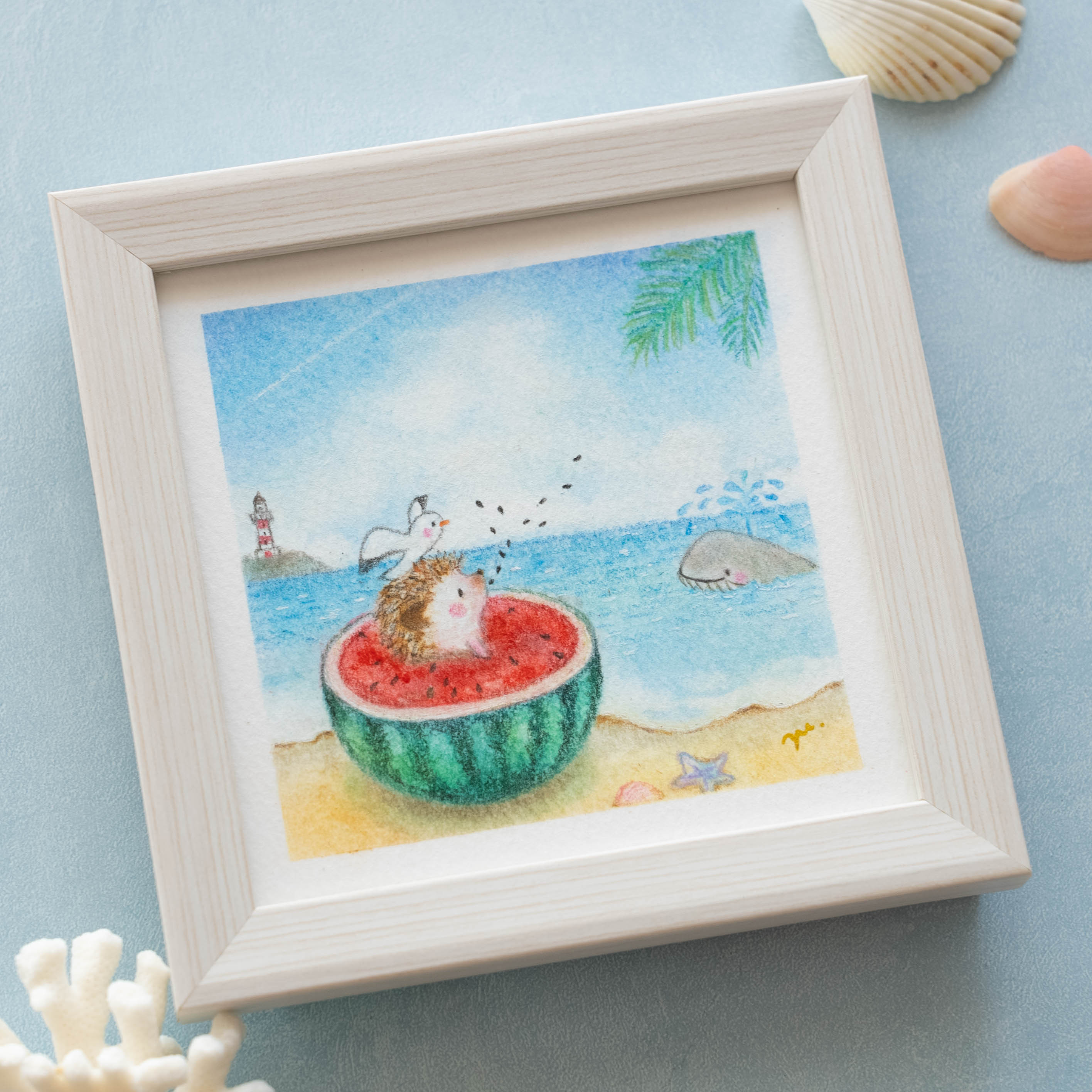 【原画・フレーム付き】「クジラさんみたいになれたかな？」　パステルアート　はりねずみ　海　かわいい動物 4,510円