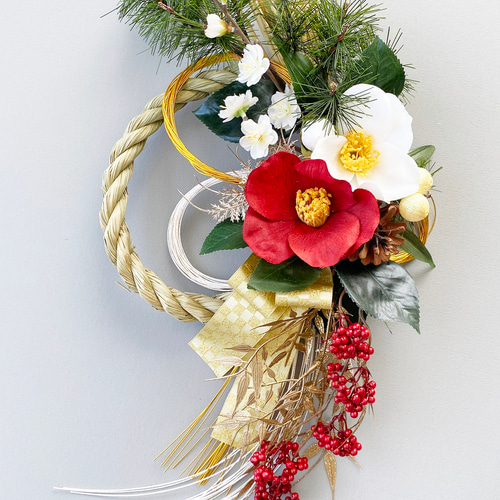 23.しめ縄 お正月2024 ☆美しい紅白椿のしめ飾り☆ お正月しめ縄飾りリース no.23