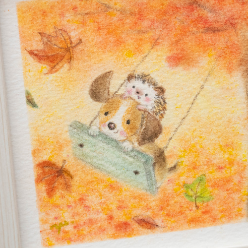 原画｜選べるフレーム付き】「紅葉ブランコ」はりねずみ ビーグル 犬
