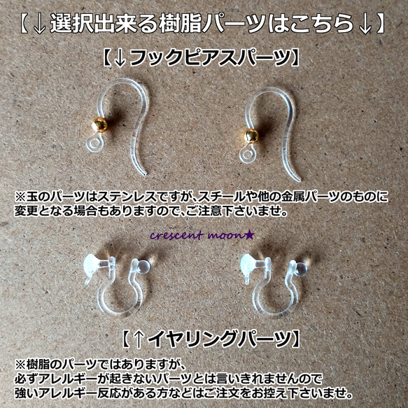 【お知らせとご注意点】樹脂製のフックピアスとイヤリングパーツが選択可能になりました。 2枚目の画像