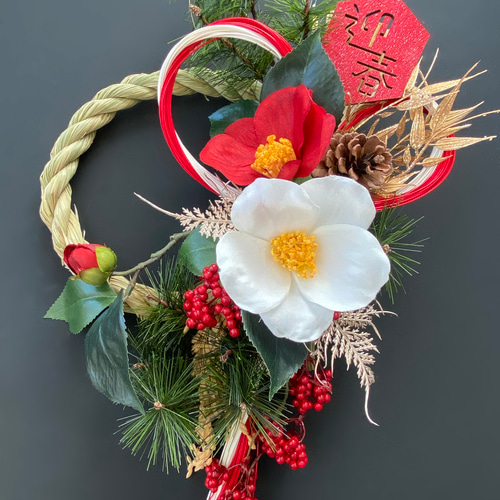 お正月2024 ☆美しい紅白椿のしめ飾り☆ お正月しめ縄飾りリース no.27