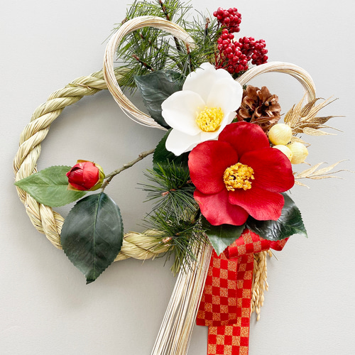 お正月2024 ☆美しい紅白椿のしめ飾り☆ お正月しめ縄飾りリース no.29