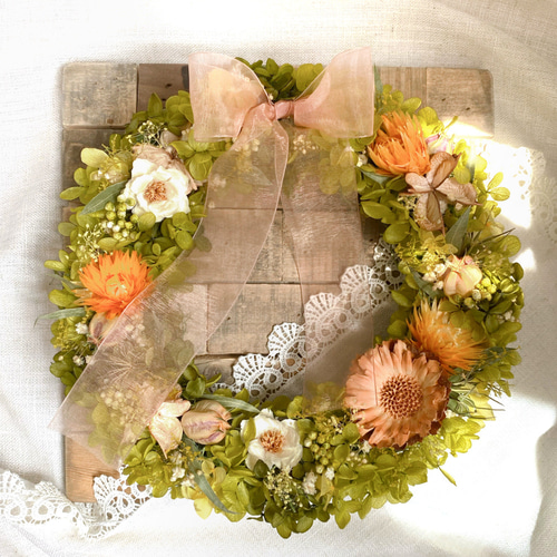 オレンジ色のドライフラワー 大人カントリー風リース リース teacup