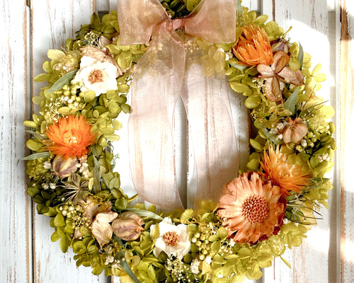 オレンジ色のドライフラワー 大人カントリー風リース リース teacup