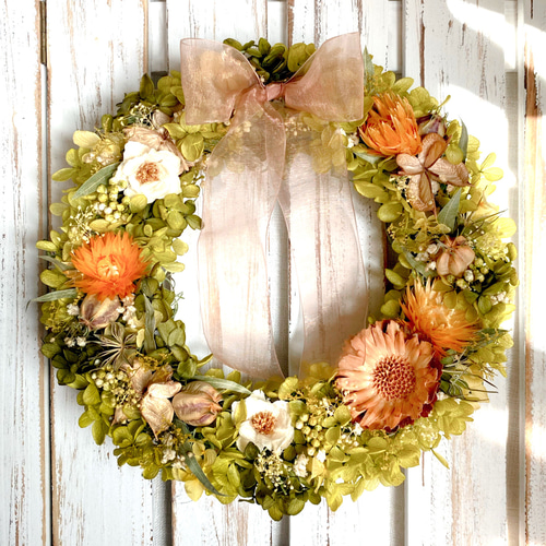 オレンジ色のドライフラワー 大人カントリー風リース リース teacup