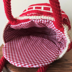 【あか】モチーフ編み　バッグ　ギンガムチェック　バケツバッグ　巾着バッグ　ニットバッグ　レトロ 3枚目の画像