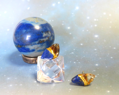 翔里 ダイヤB 海 モリオン カーネリアン ラピスラズリシトリン 他 夜空のひかり◇Lapis-lazuli×Citrine／金継ぎピアス／M size