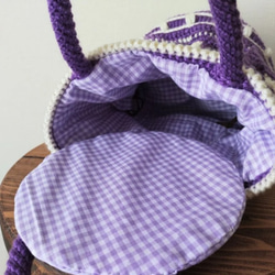 レトロポップ　むらさき　ギンガムチェック　バケツバッグ　巾着バッグ　ニットバッグ　モチーフ編み 3枚目の画像