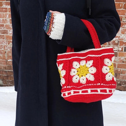 【きいろ】モチーフ編み　バッグ　ギンガムチェック　バケツバッグ　巾着バッグ　ニットバッグ　レトロ 5枚目の画像