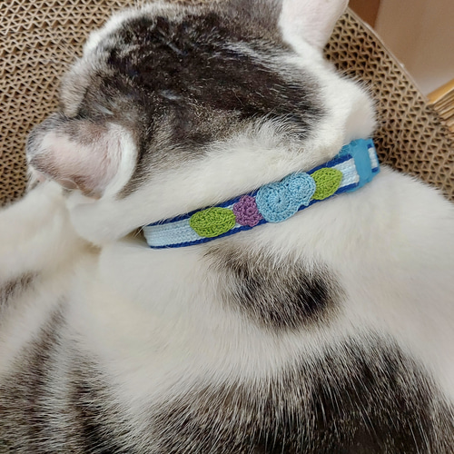 猫の首輪 水色系 魚モチーフ 手編み セーフティーバックル リード  