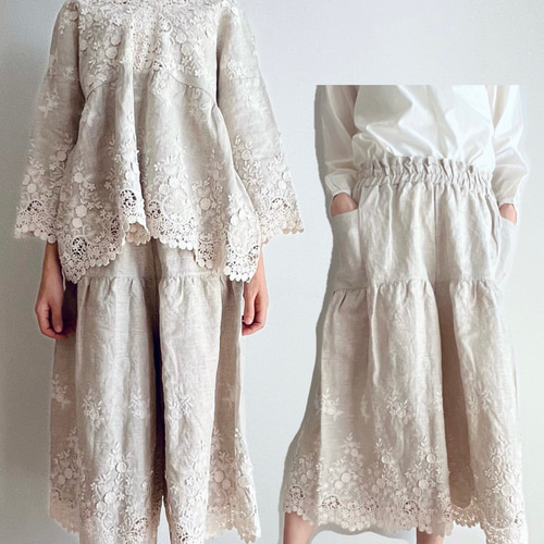 アルベロベロ お花ビジュー刺繍ワイドパンツ ぶたさん