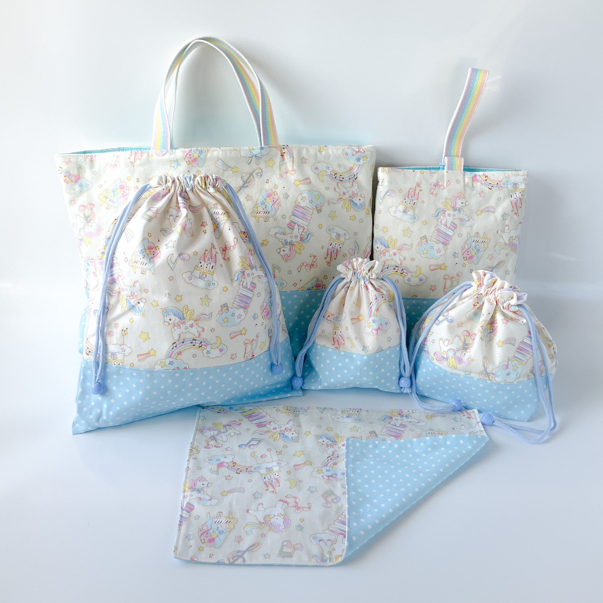 入園入学6点セット【ユニコーン柄】　ブルー色　(4点セット+コップ袋、ランチョンマット)オーダー・名入れ可