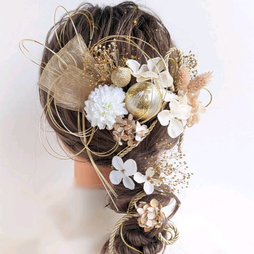 大人気新品 リボン ドライフラワー 金箔付】髪飾り 水引 結婚 卒業式 成人式 ヘアアクセサリー