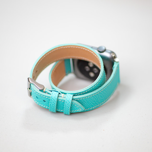 高級革使用 Apple Watch 革ベルト ミントグリーン ティファニーブルー ヴォーエプソン 二重巻き 4枚目の画像