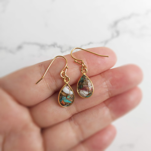 オイスター カッパー ターコイズ・可愛いしずく シンプルピアス 