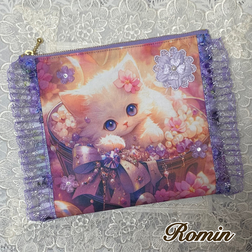 フラットポーチ レア生地猫ちゃん パープル 両面パネル ポーチ Romin  