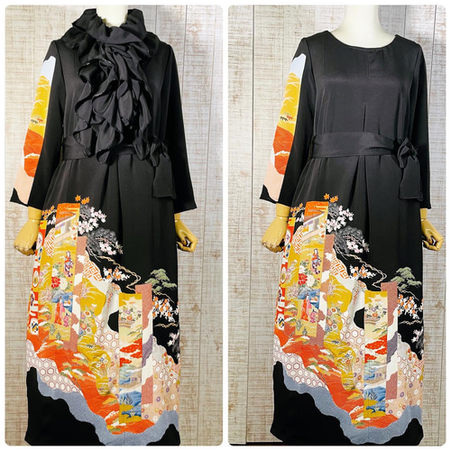 着物リメイク*道長取りに短冊・時代人物刺繍正絹黒留袖 着物リメイク*道長取りに短冊・時代人物刺繍正絹黒留袖