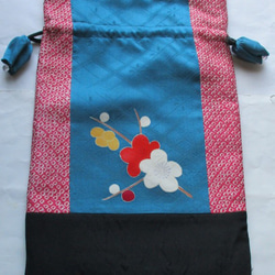 ７３９５　絞りと花柄の振袖で作った巾着袋　#送料無料 3枚目の画像