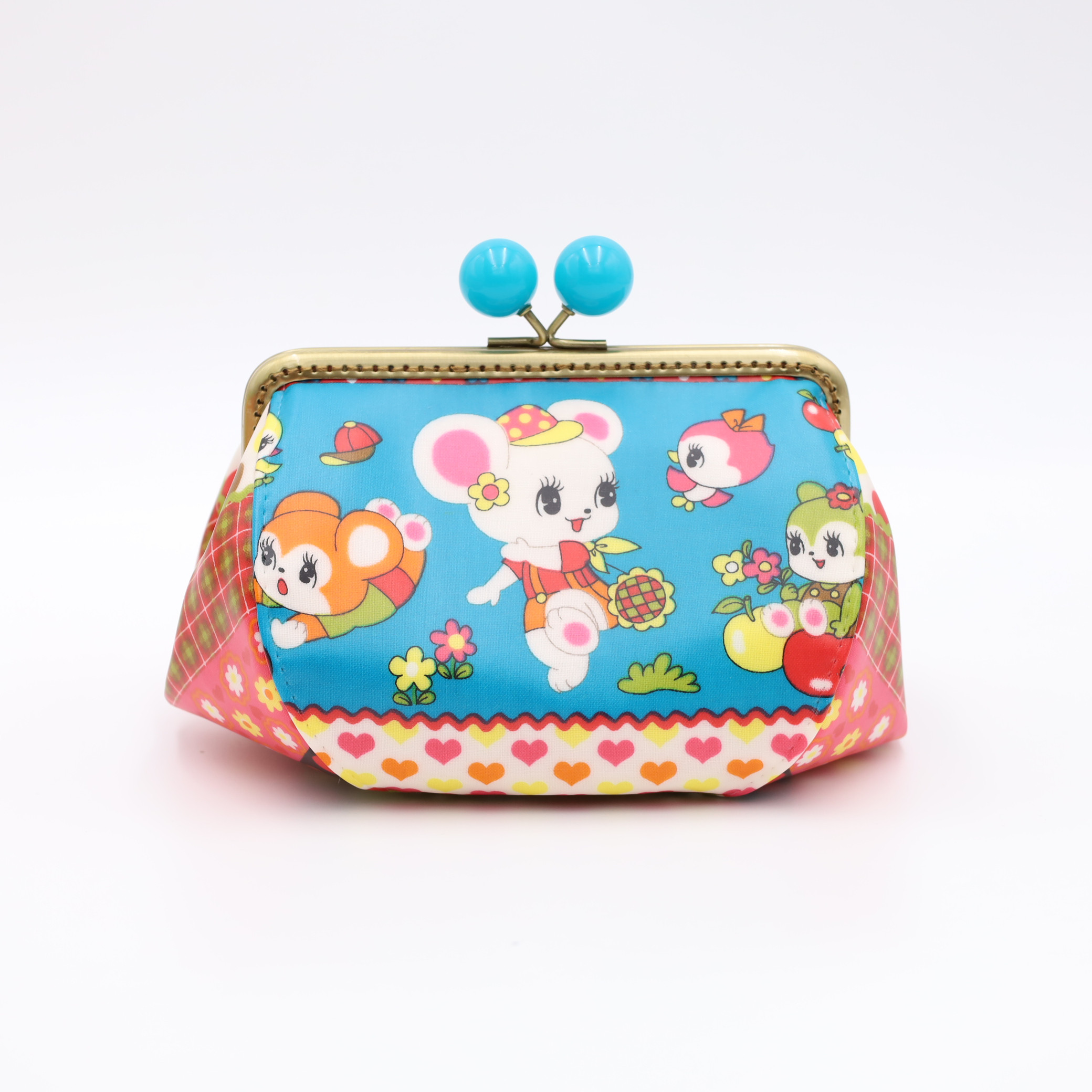 ぷっくりかわいい 防水・撥水ラミネート素材のがま口ポーチ レトロ　ハニーチューン　くま　うさぎ　ブルー　化粧ポーチ