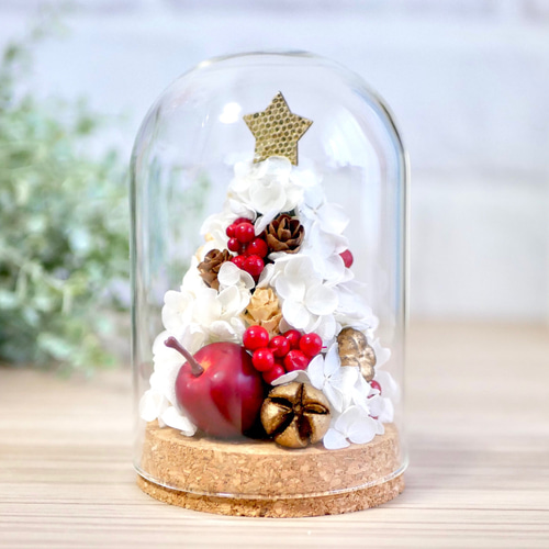 りんごのホワイトクリスマスツリー ミニガラスアレンジメント
